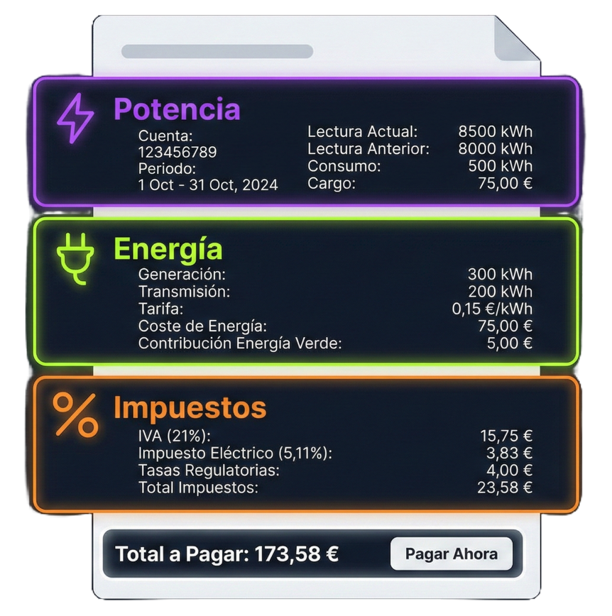 Esquema visual de las partes de una factura de luz: Potencia, Energía e Impuestos